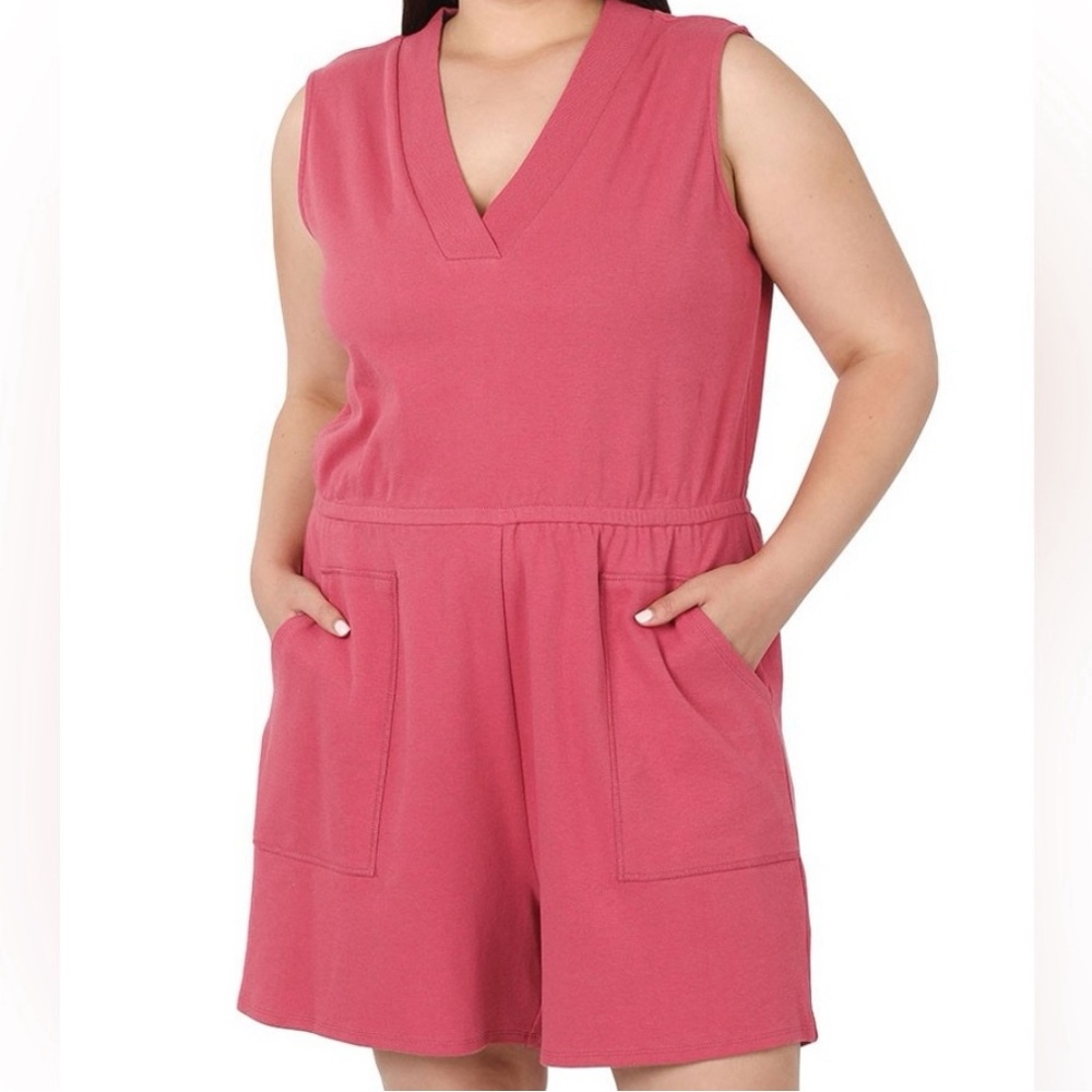 NEW COTTON SLEEVELESS ROMPER WITH  POCKETS ROSE PINK PLUS SIZE 3X